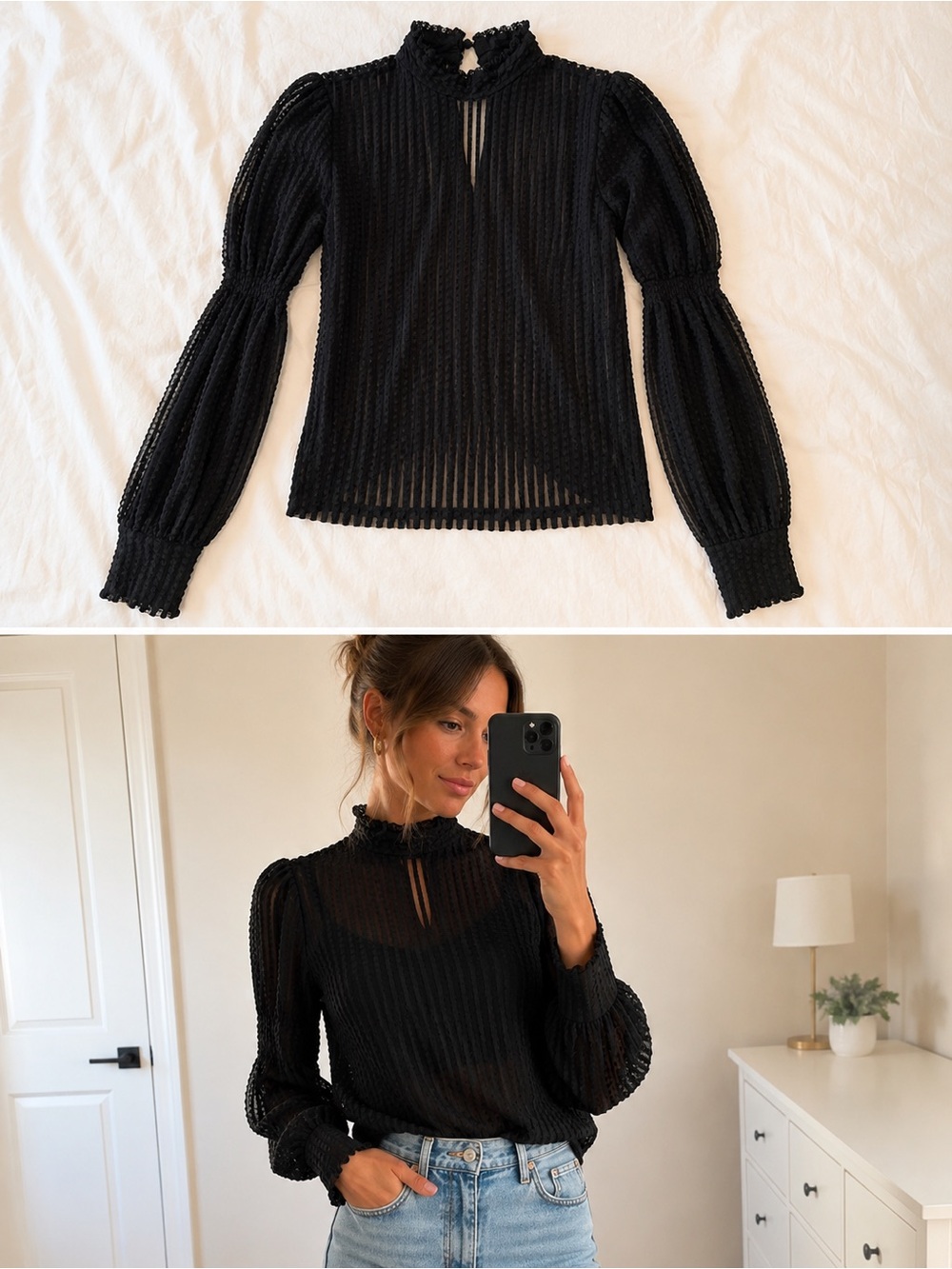 Black Lace-Trim Sheer Long-Sleeve Top - Women